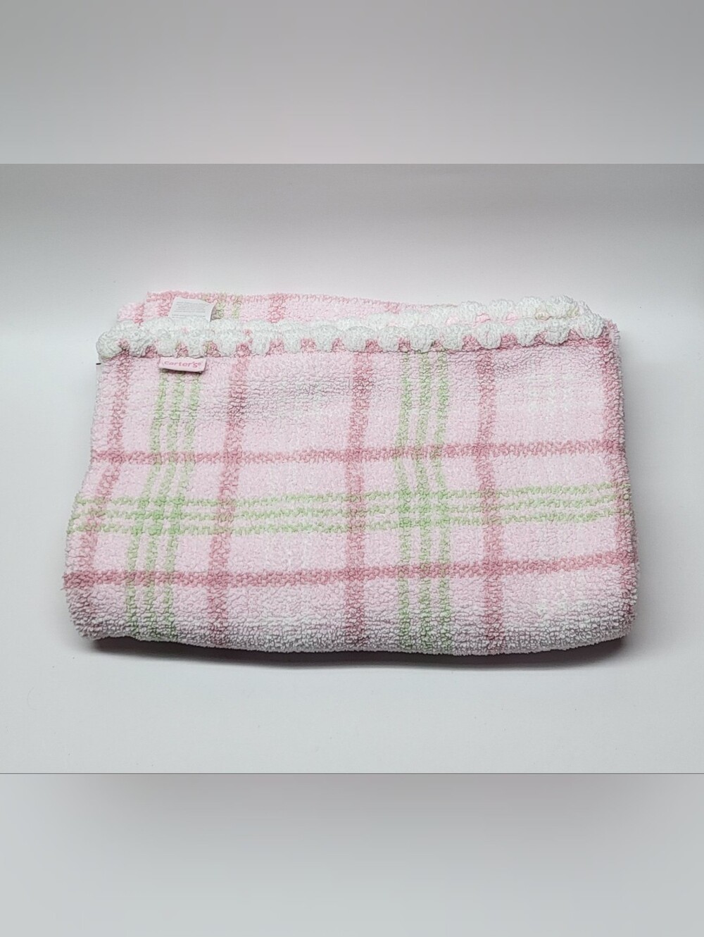 Carter's Pink Green White Plaid Baby Blanket Chenille Scalloped Edges 29x39